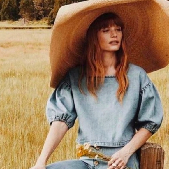 Anthropologie the Odells Denim Puff Sleeve Cropped Top - Picture 12 of 16